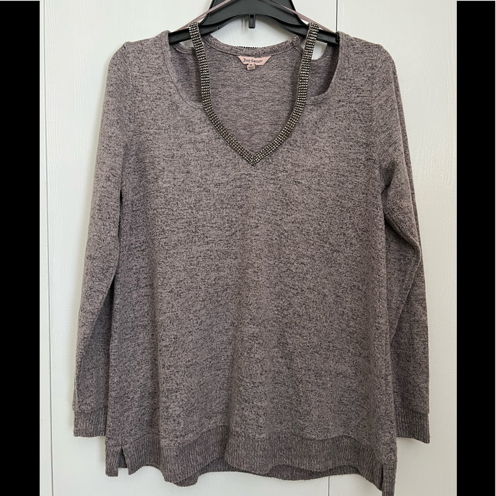 Juicy Couture Heathered Purple Cold Shoulder Sweater with Rhinestone Collar